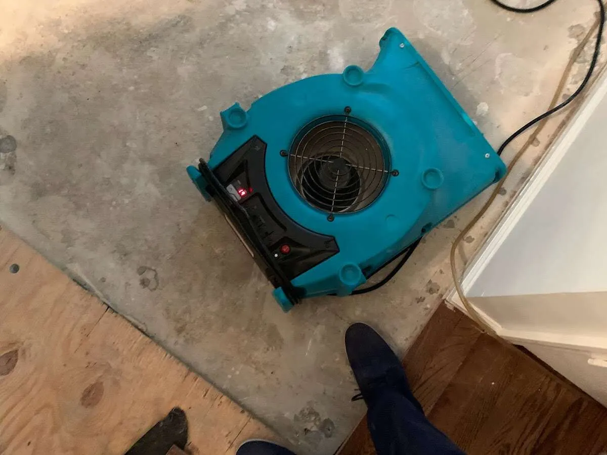Air mover drying subfloor during Leak Detection & Repair in Commerce